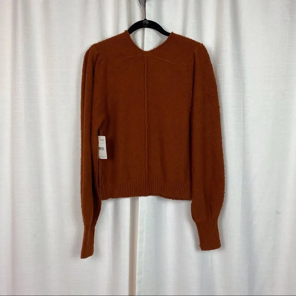 Free People Dark Orange Burnt Butter Reverie V Neck Blouson Sleeve Sweater NWT
